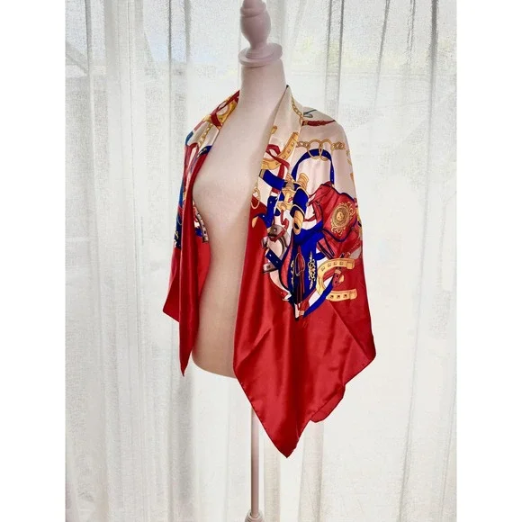 Escada Margaretha Ley red white blue hat pattern silk scarf square